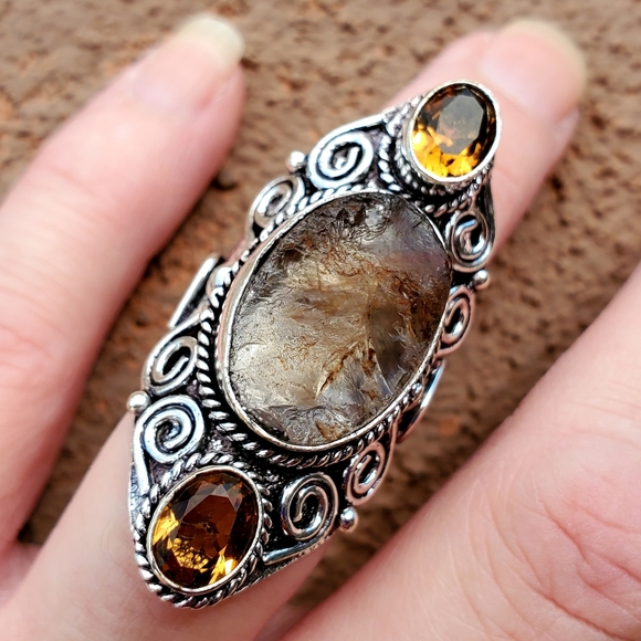 New Rough Golden Rutile and Citrine 925 Silver Statement Ring. - Picture 14 of 14